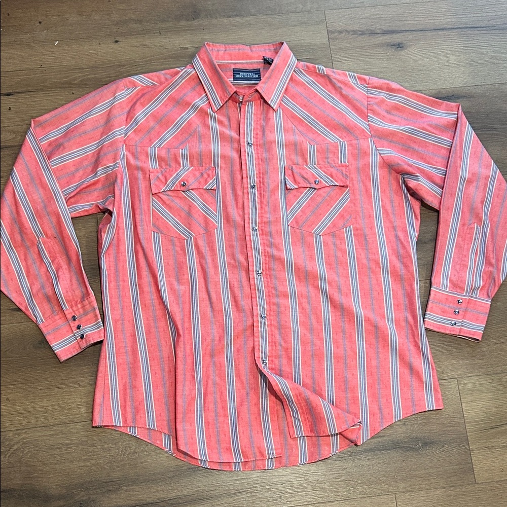 Mervyn’s Vintage Coral-Red Striped Western Button-Down Shirt ! XL